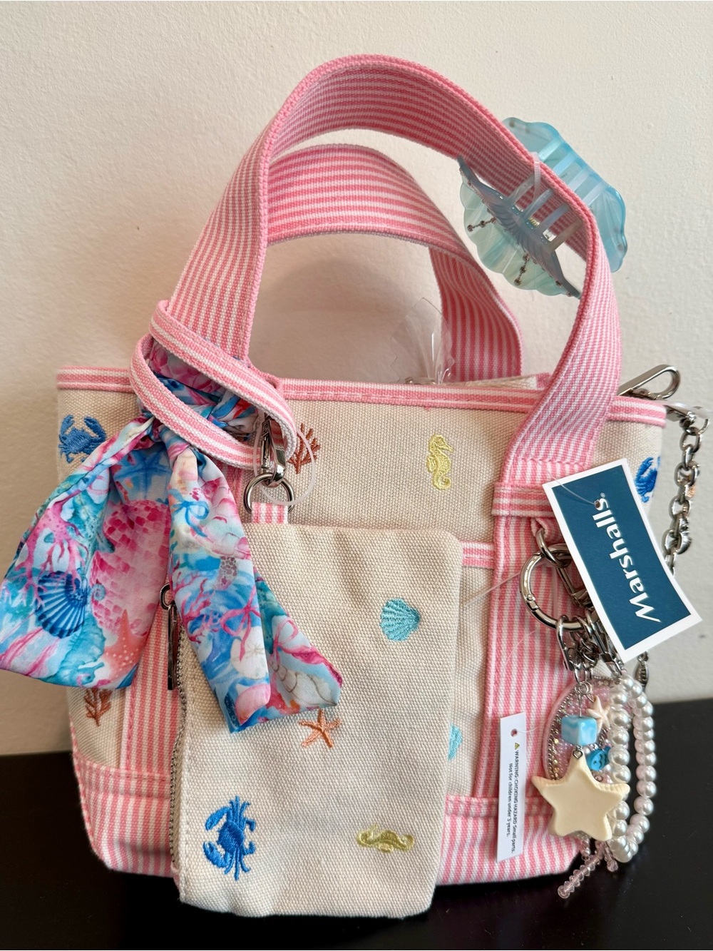 Madden Girl Pink Striped Seaside Tote with Charm